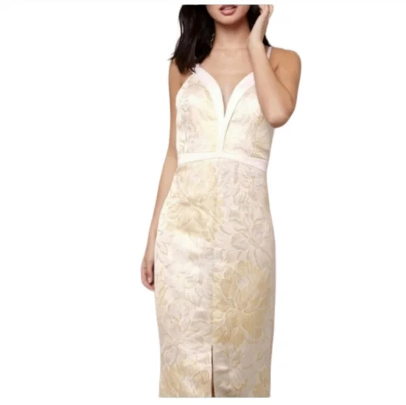 Bebe Plunge Neck Mermaid Metallic Floral Adjustable Strap Jacquard Gown Size 2 - Picture 7 of 7